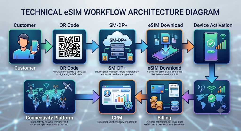 Architecture Diagram A technical architecture workflow diagram illustrating the eSIM activation process in eight steps: Customer, QR Code scan, SM-DP+ server processing, eSIM profile download, Device Activation, Billing integration, CRM updates, and Connectivity Platform routing.