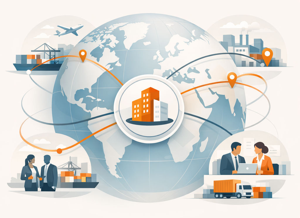 Illustration showing global operations connected across regions, representing coordinated connectivity at enterprise scale.
