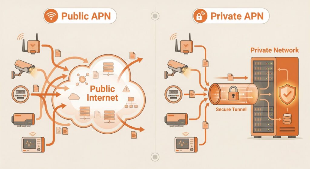 Illustration comparing public APN shared internet routing with private APN secure isolated routing

