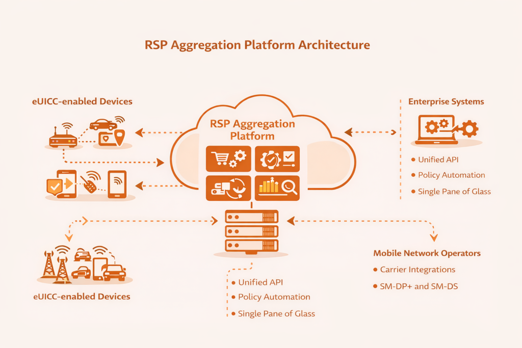 RSP aggregation platform architecture showing eSIM devices connected to a centralized orchestration layer integrating multiple mobile network operators.
