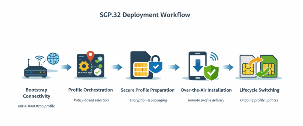 SGP.32 push workflow showing bootstrap connectivity, profile provisioning, over-the-air installation, and lifecycle switching for IoT devices.
