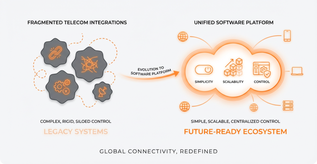 Illustration showing global connectivity evolving from fragmented telecom integrations to a unified, software-based platform that simplifies control and scaling.