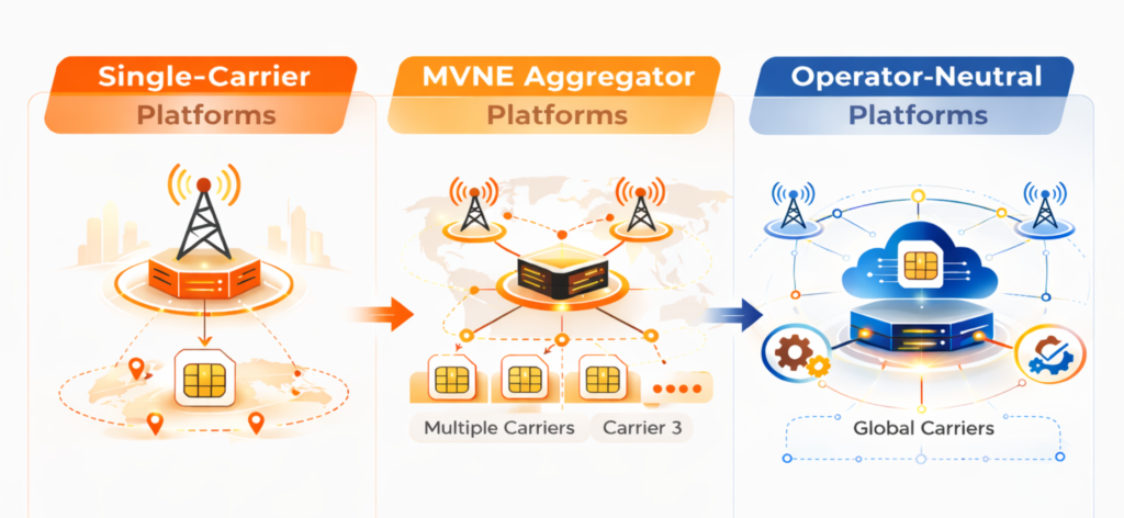 Single-carrier platforms vs MVNE aggregator platforms vs Operator-neutral platforms