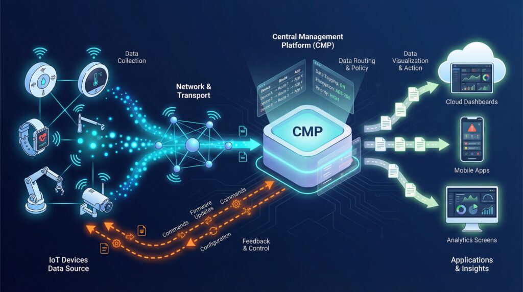 Workflow: Devices collect data → connect via network → CMP manages routing and policies → data reaches applications → commands or updates return to devices.