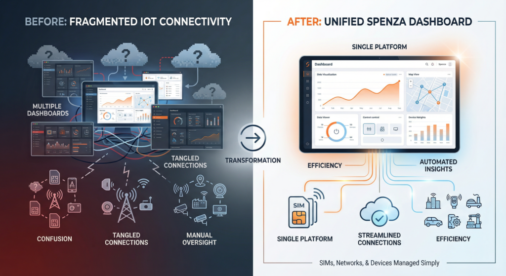 Unified IoT connectivity solutions using a connectivity management platform compared to fragmented IoT connections