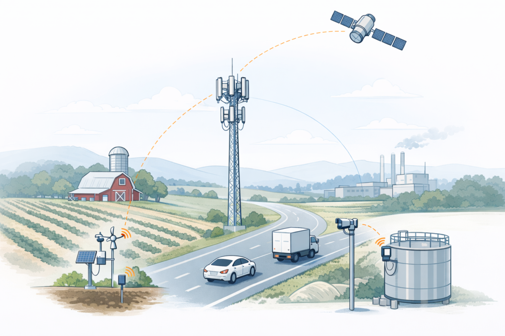 Hybrid IoT connectivity showing devices connected through both cellular towers and satellite networks in real-world environments