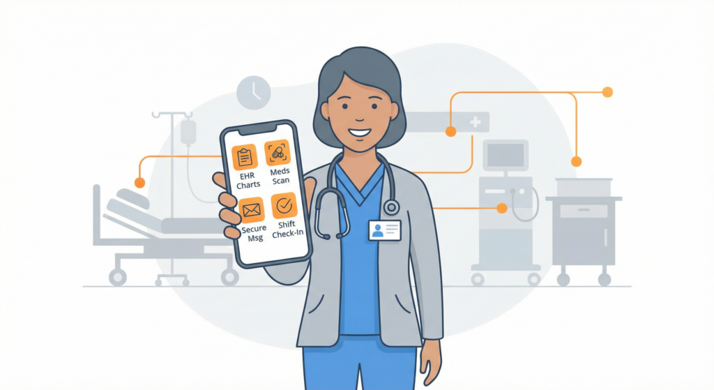 Nurse using a smartphone for EHR access, medication scanning, and secure messaging in a hospital workflow.
