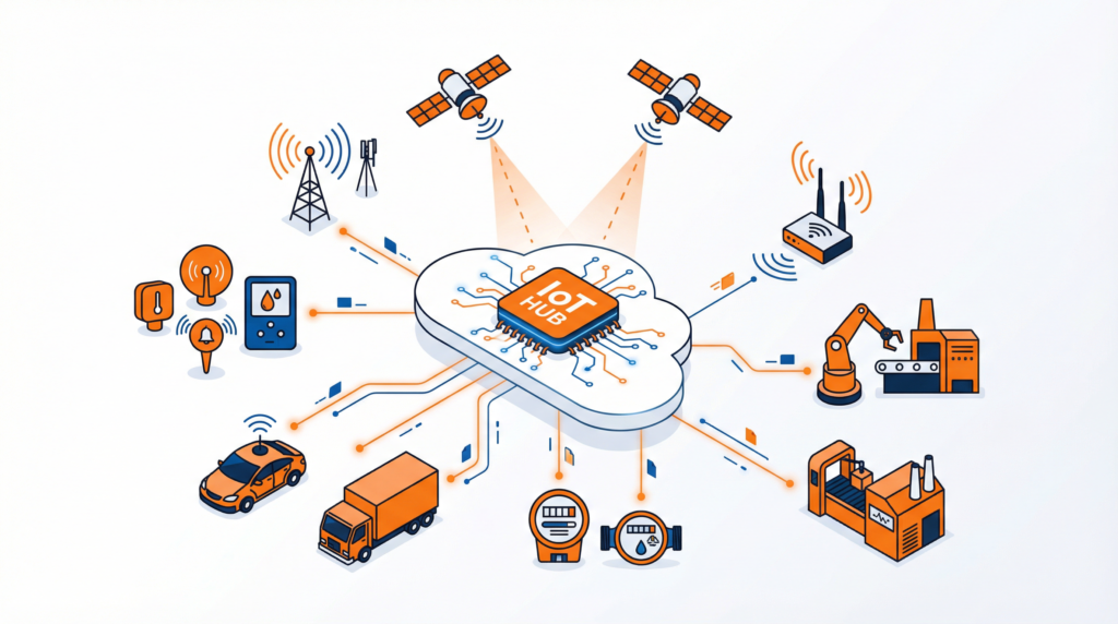 IoT connectivity solutions illustration showing devices connected via cellular, satellite, and wireless networks to a cloud platform