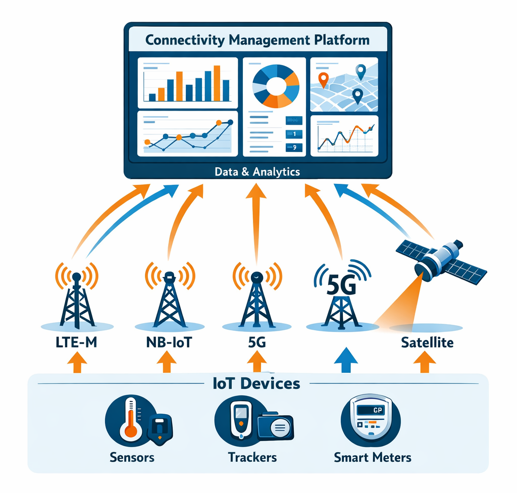 IoT connectivity architecture showing devices connected through NB-IoT, LTE-M, 5G, and satellite networks managed by a connectivity management platform
