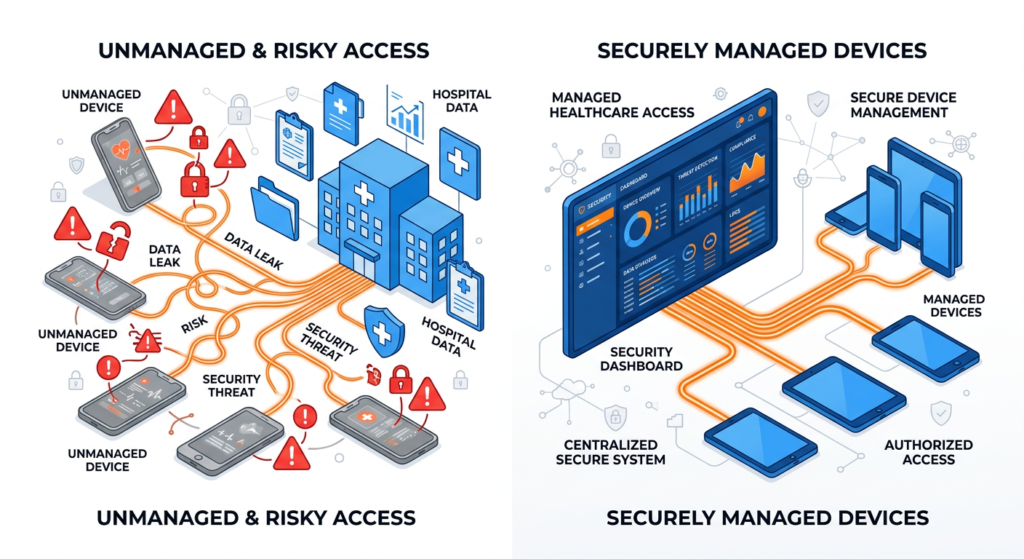 Visual comparison of healthcare mobile stipend programs versus Connectivity as a Benefit with managed devices and centralized security.
