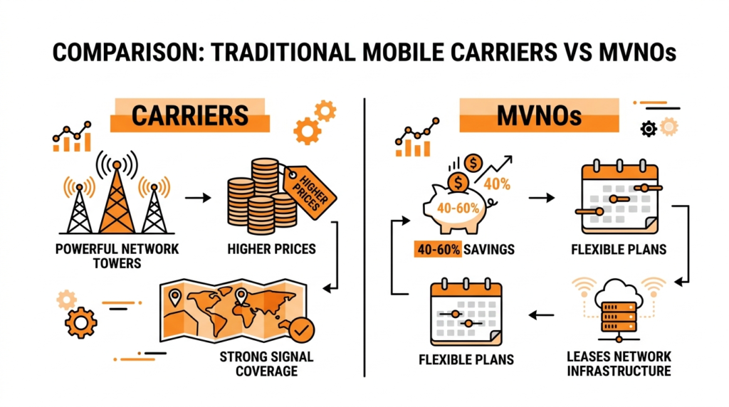 Infographic comparing traditional mobile carriers and MVNOs showing pricing, coverage, and flexibility differences