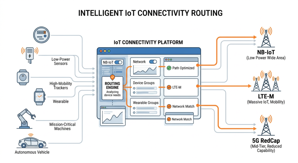 Illustration showing an IoT connectivity platform intelligently routing devices like sensors, wearables, and vehicles across NB-IoT, LTE-M, and 5G RedCap networks based on data, mobility, and performance needs.
