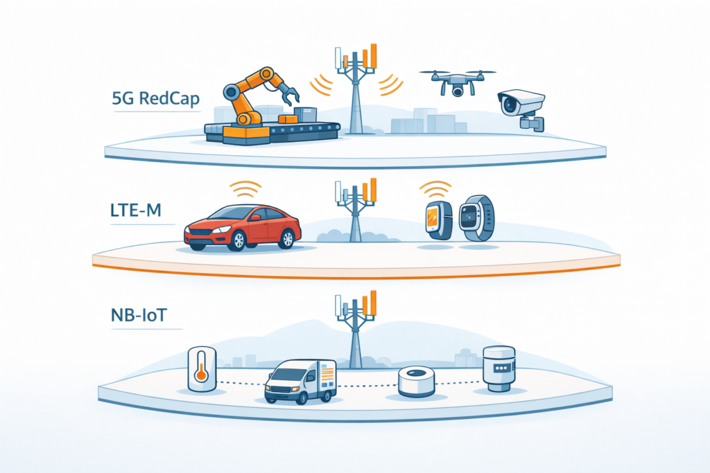 NB-IoT vs LTE-M vs 5G RedCap comparison showing three layers of cellular IoT technologies based on performance and use cases. 