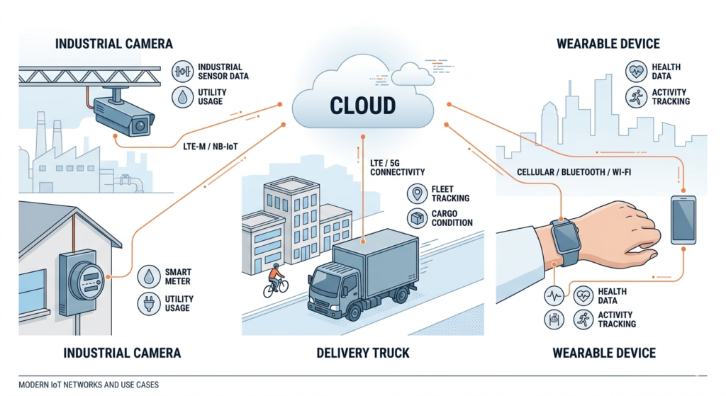  Real-world IoT use cases showing NB-IoT, LTE-M, and 5G RedCap devices connected through a cloud platform.