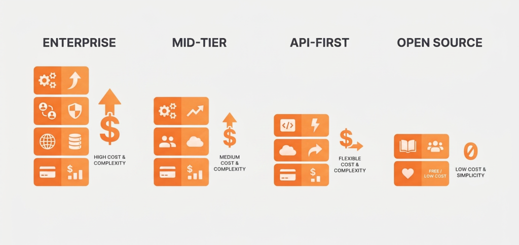 Comparison of MVNO billing platform pricing tiers, including enterprise, mid-tier, API-first, and open source models