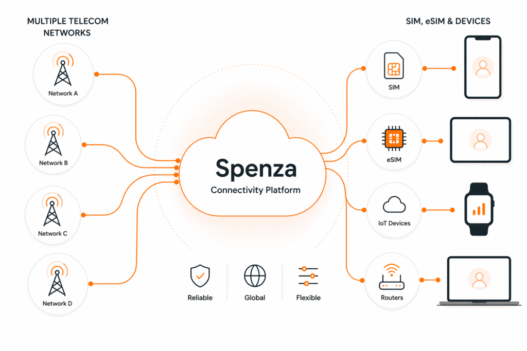  Multi-carrier connectivity platform connecting telecom networks to sim eSIM and iot devices through a unified system