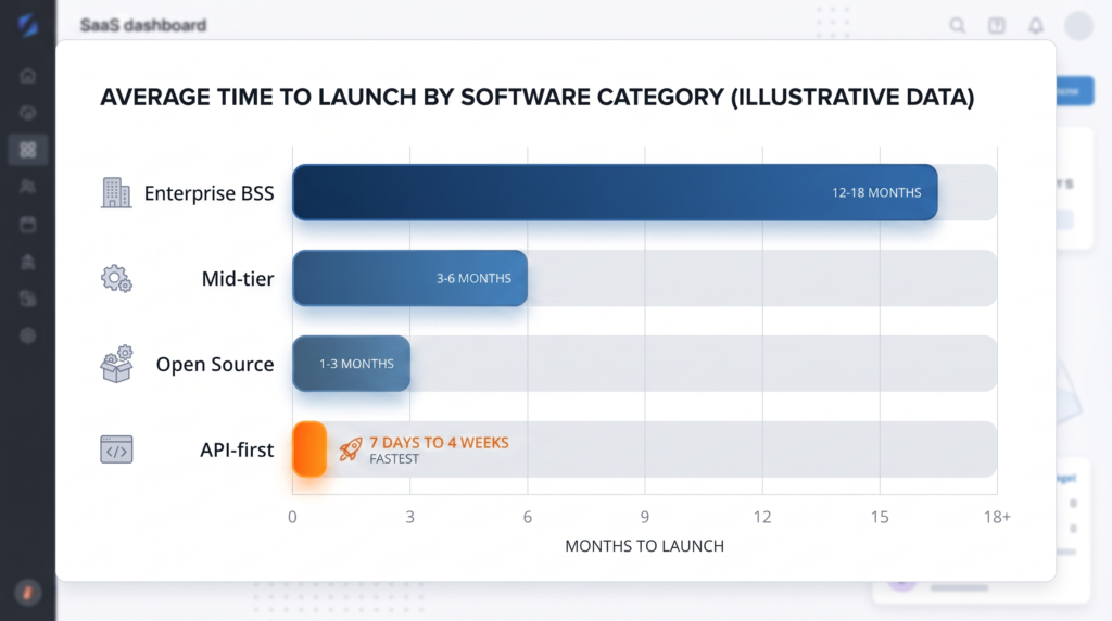 Time to launch comparison of MVNO billing platforms across enterprise, mid-tier, API-first, and open source solutions