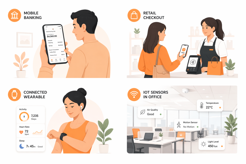Illustration of different devices using white label MVNO services in different industries