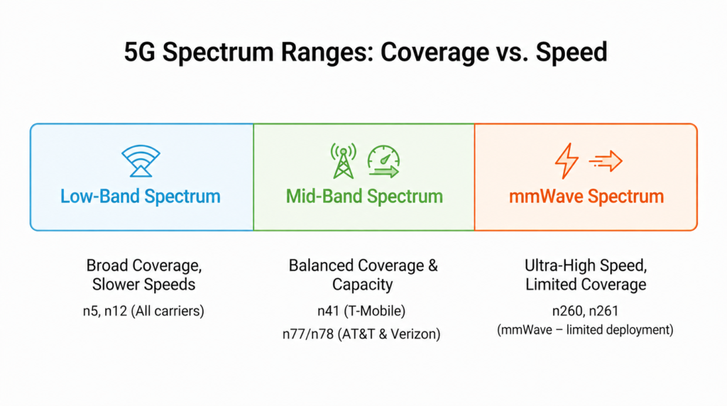 Infographic showing low-band, mid-band, and mmWave 5G spectrum ranges
