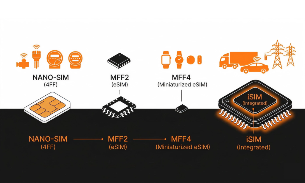 Migration path from Nano-SIM to MFF2, MFF4, and iSIM showing the evolution of SIM architectures for IoT devices.
