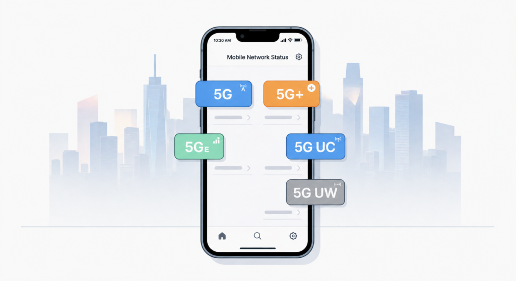 Smartphone displaying 5G network labels with connectivity across a city
