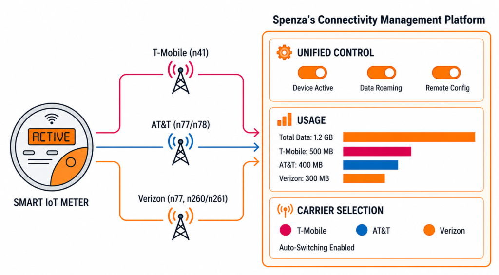 IoT device connecting to multiple carriers with a unified connectivity management platform

