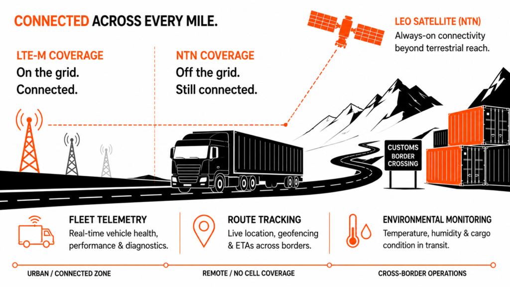Illustration showing satellite NTN maintaining IoT connectivity for fleet and logistics vehicles traveling through remote coverage areas.