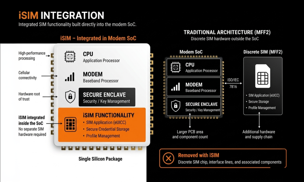 Technical comparison showing iSIM integrated directly inside a modem SoC versus traditional MFF2 architecture using a separate SIM chip.
