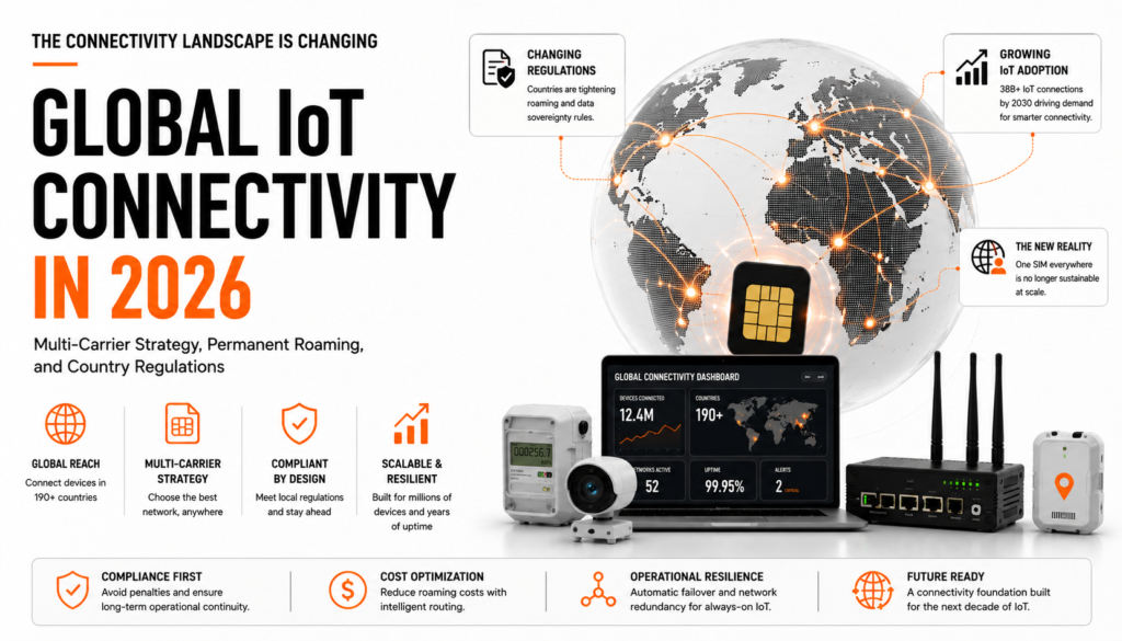 Hero image illustrating global IoT connectivity trends, multi-carrier strategy, roaming regulations, and eSIM orchestration in 2026