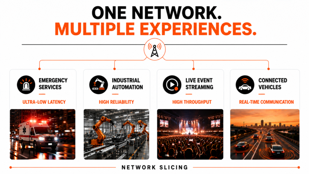 Illustration showing how network slicing creates multiple optimized virtual networks on shared infrastructure.