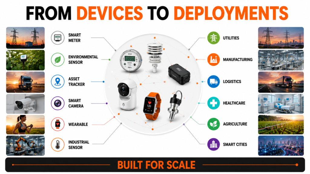 Illustration showing large-scale IoT deployments across industries, including utilities, logistics, healthcare, and manufacturing.