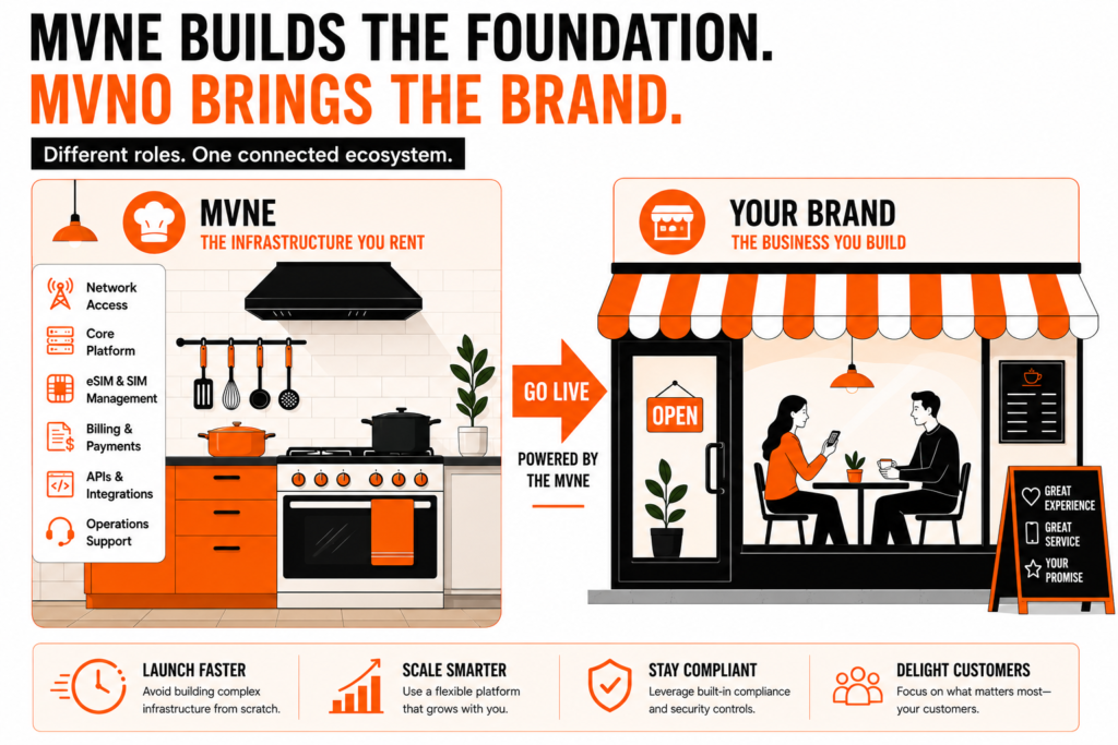 Restaurant analogy showing how an MVNE provides the infrastructure while an MVNO builds the customer-facing brand.
